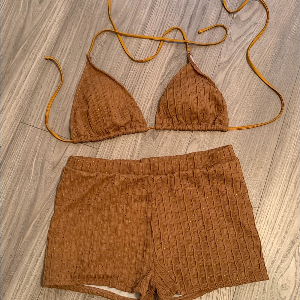 Brown Textured Bikini Set with Swim Shorts Bottom | 2 Piece Swim Set | Size XL